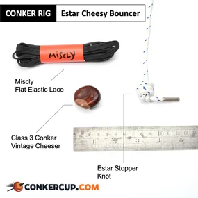 Estar Cheesy Bouncer rig card: the lace, stopper knot and conker laid out beside a ruler.