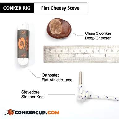 Flat Cheesy Steve rig card: the lace, stopper knot and conker laid out beside a ruler.