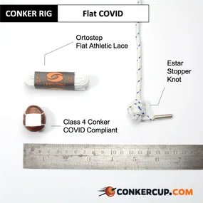 Flat COVID rig card: the lace, stopper knot and conker laid out beside a ruler.
