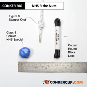 NHS R the Nuts rig card: the lace, stopper knot and conker laid out beside a ruler.