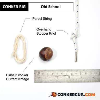 Old School rig card: the lace, stopper knot and conker laid out beside a ruler.