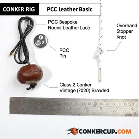 PCC Leather Basic rig card: the lace, stopper knot and conker laid out beside a ruler.