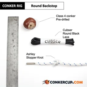 Round Backstop rig card: the lace, stopper knot and conker laid out beside a ruler.