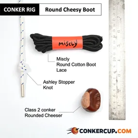 Round Cheesy Boot rig card: the lace, stopper knot and conker laid out beside a ruler.