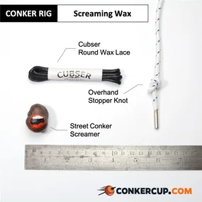 Screaming Wax rig card: the lace, stopper knot and conker laid out beside a ruler.